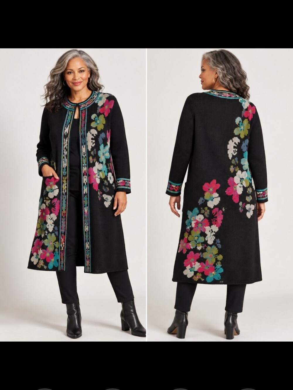 J. Jill Black Multi-Color Floral Knit Long Line Boho Artsy Knit Duster Coat M P